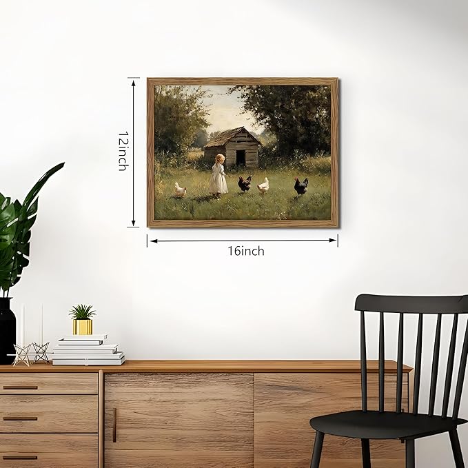Vintage Country Framed Wall Art, Little Girl and Chick Canvas Prints, Rustic