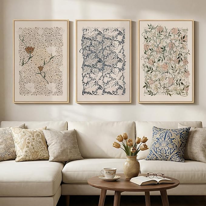 Large Framed William Morris Wall Art Set of 3, Vintage Neutral Botanical Floral
