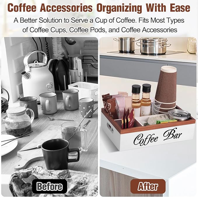 Wooden Coffee Organizer Holder with Divided Sections & Cutout Handle, Farmhouse Coffee Bar Organizer for Pods, Cups, Lids, Syrups, Stirrers & Accessories – Ideal Gift for Home or Office-White