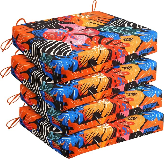 UNIKOME Outdoor Chair Cushions Pack of 4, Water Resistant Patio Cushions with Ties, High Density Sponge Filling Square Corner Seat Cushions for Outdoor Furniture, 18.5"*16"*3", Colored Flower