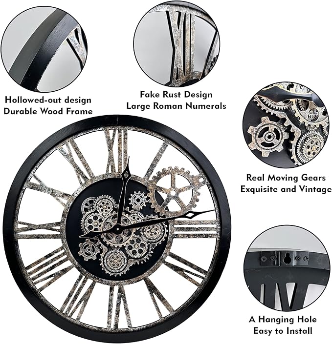 The B-Style Large Real Moving Gears Wall Clock 30 inch Rustic Retro Industrial