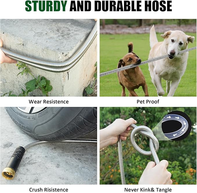 100ft Garden Hose, Heavy Duty Metal Water Hose 100 ft with 10 Function Nozzle, Flexible No-Kink, Pet-Proof & Puncture-Proof Stainless Steel Outdoor Hose for Yard