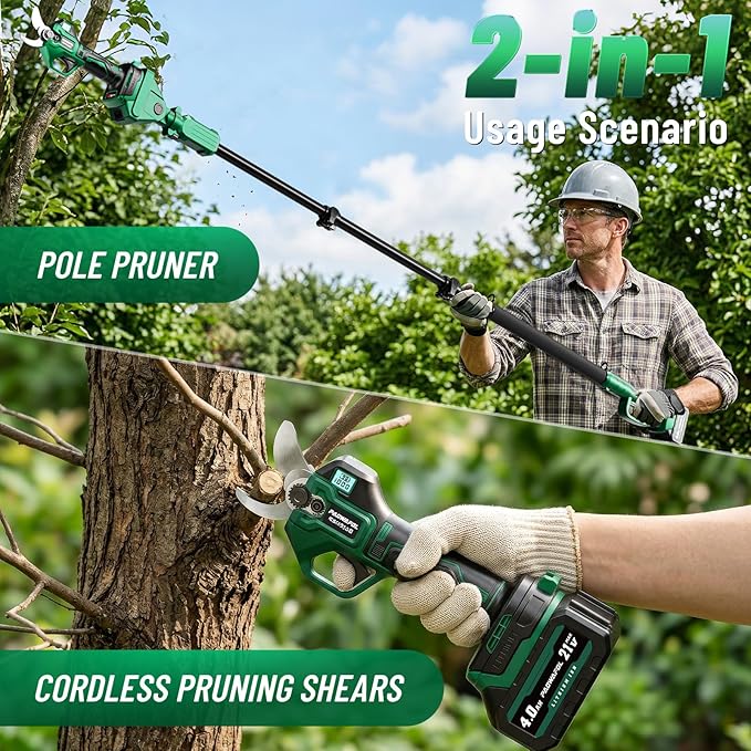 2-in-1 Pole Pruning Shears, 2.5''/64mm Electric Pruning Shears with Pole, Electric Tree Pruner with 10FT Reach Extension Pole - SK7 Blade, Longer Runtime, 2×4.0Ah Battery, For Tree & Garden Trimming