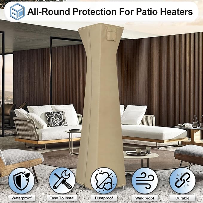 OutdoorLines Waterproof Outdoor Patio Heater Covers with Zipper and Storage Bag, Dust-Proof UV-Resistant Windproof Propane Heavy Duty Heater Cover for Standing Heater, 1 Pack-90Hx23Lx23W inch Camel