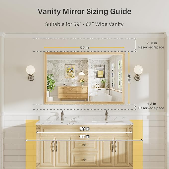 55x36 Inch Bathroom Mirror for Wall, Anti-Rust Oak Wood Grain Metal Framed