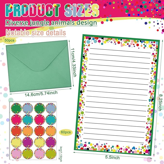 TaoBary 160 Pcs Stationery Paper Set 50 Double Sided Stationery Papers with 50 Matching Envelopes and 60 Round Dot Sticker, 10 Design(Dot,5.5 x 8.25 Inch)