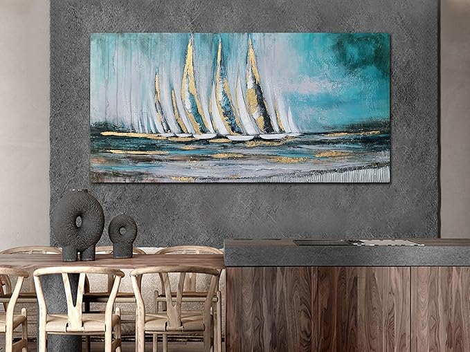 Anolyfi Blue Abstract Canvas Wall Art Teal Ocean Sailboat Picture Modern