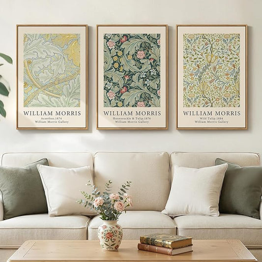 Framed William Morris Sage Green Wall Art Set of 3, Vintage Nature Green Floral