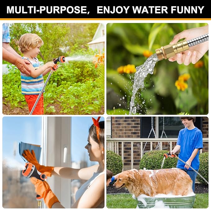 Metal Garden Hose 50 ft with 10 Function Sprayer Nozzle, Lightweight Stainless Steel Water Hose with 3/4" Solid Fittings, Flexible Kink Free Leak Proof for Yard, Patio, Outdoor & Car washing