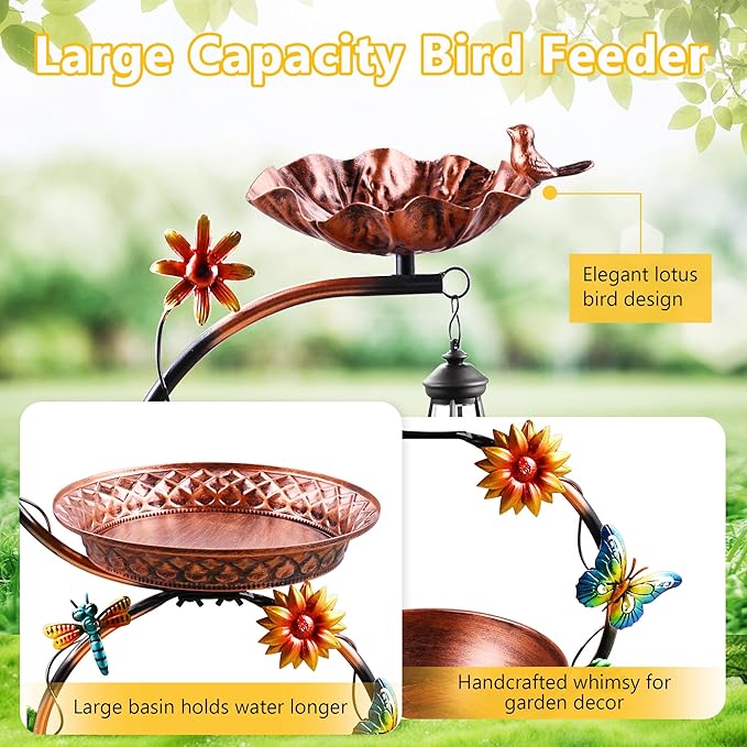Metal Bird Bath for Outside, 3 in 1 Large Bird Birdbaths for Outdoors with Solar Lamp & Flower Planter Pedestal, Vintage Freestanding Bird Feeder Water Bowl for Garden Yard Lawn Decor, Bronze