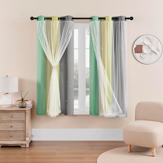 XiDi Curtains for Bedroom Decor, Rainbow GreenYellowGrey34/54/1