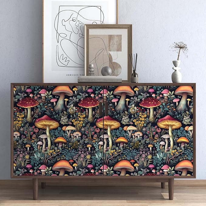BOKEBEVE Mushroom Wallpaper Peel and Stick Floral Contact Paper Vintage Wall