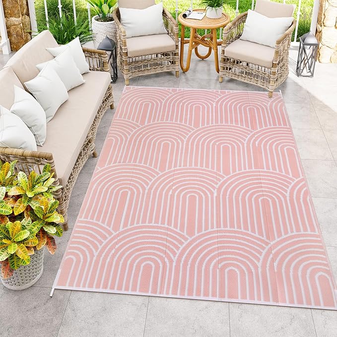 Anidaroel Patio Rugs Outdoor 6âx9â Clearance Waterproof, Reversible Rainbow Outdoor Plastic Straw Outside Rugs, RV Outdoor Rugs for Camping, Porch, Balcony, Backyard (Pink, 6âX9')