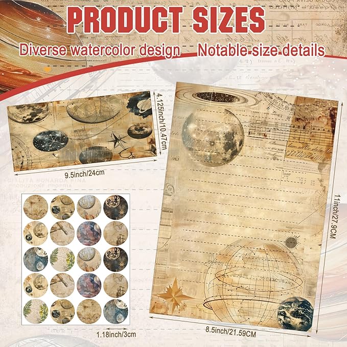 TaoBary 160 Pcs Stationery Paper Set 50 Double Sided Stationery Papers with 50 Matching Envelopes and 60 Round Dot Sticker, 10 Design(Space Moon Celestial,8.5 x 11 Inch)