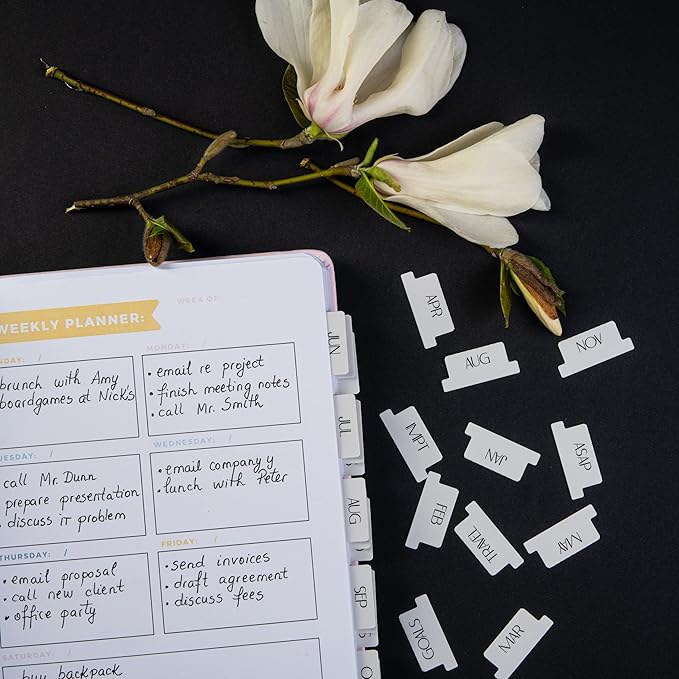 DiverseBee Laminated Planner: 24 Peel and Stick Tabs (12 Monthly, 4 Blank), Sand Color Dividers