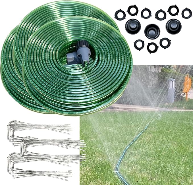 Watoo 2026 Sprinkler Hose & Soaker Hose for Yard - 150FT (50 * 3) Reinforced Flat Garden Hose with Holes, Heavy Duty No-Kink Lawn Irrigation Hose (Includes Stakes, High Pressure Spray)