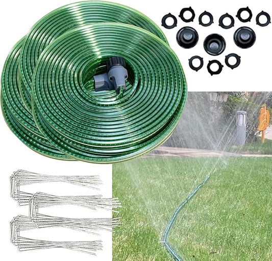 Watoo 2026 Sprinkler Hose & Soaker Hose for Yard - 150FT (50 * 3) Reinforced Flat Garden Hose with Holes, Heavy Duty No-Kink Lawn Irrigation Hose (Includes Stakes, High Pressure Spray)