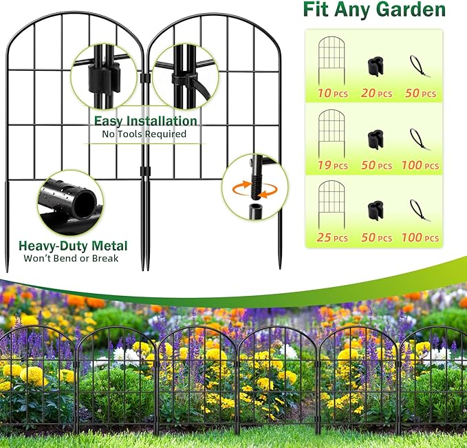 25 Pack Decorative Garden Fence Panels – 27.08ft (L) x 24"(H) Garden Fencing Dog Fence No-Dig Animal Barrier Fence Rustproof Metal Arched Garden Edging for Yard Patio Outdoor Decor Flower Bed