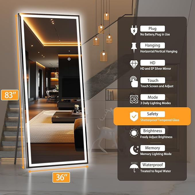 Hasipu Full Length Mirror with Lights, Full Body Dressing Hanging Mounted Mirror