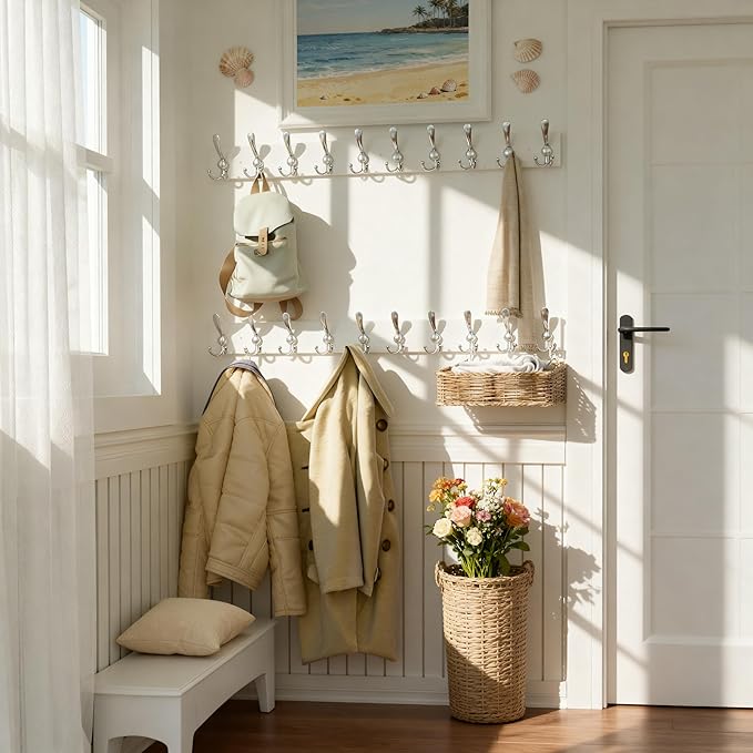 SKOLOO Creations White Solid Wood Wall Mounted Coat Rack, 10 Hooks, 38-1/8" Long