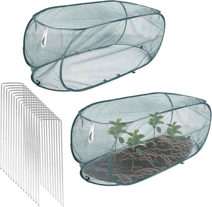 Lyreh 2pcs Pop Up Mesh Plant Cover, 39x18x16in Outdoor Pop Up Garden Netting Plant Cover with 16 Ground Stakes Suitable for Protecting Vegetables Fruits Flowers Seedlings