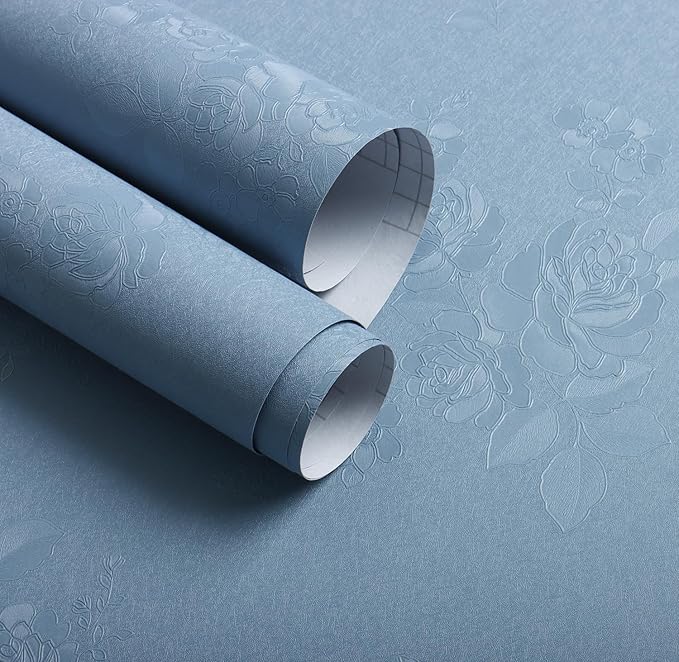 Erfoni 197"x17.7" Grey Blue Peel and Stick Wallpaper Thicken Floral Embossed
