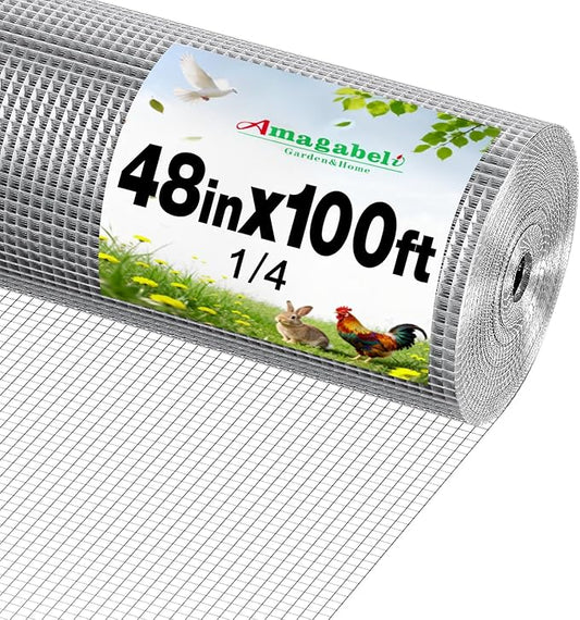 Amagabeli Galvanized Hardware Cloth 1/4 Inch 48in x 100ft 23gauge Chicken Wire Fence Weld Wire Mesh Roll Garden Fencing Plant Supports Poultry Netting Snake Fence Gopher Wire Rabbit cage Tree Guard