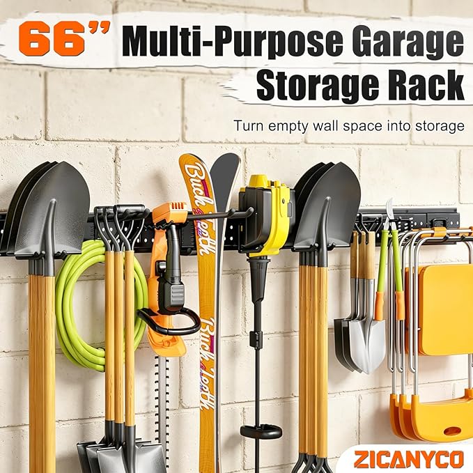 Garage Tool Organizer Wall Mount 66 inches with 13 Adjustable Heavy-Duty Hooks, Garage Organization, Garden Tool Storage Rack for Garage, Yard, and Shed, Holds Up to 520 lbs
