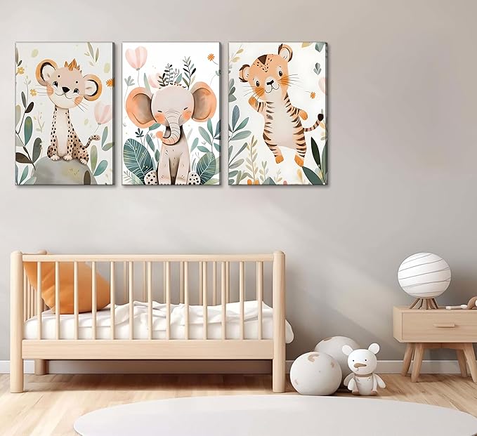 3 Pcs Safari Animals Nursery Canvas Wall Art Jungle Animals Cheetah Elephant