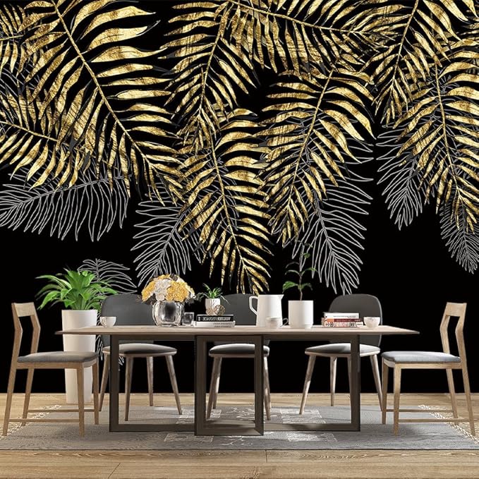 Black and Gold Leaf Mural Bedroom Tropical Botanical Wallpaper Room Plant Decor