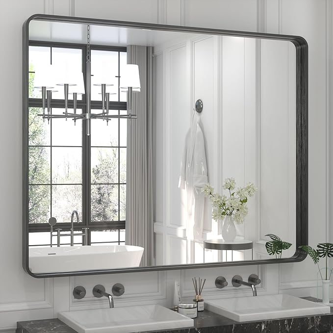 TETOTE 48 x 40 Inch Black Frame Mirror, Bathroom Vanity Mirror
