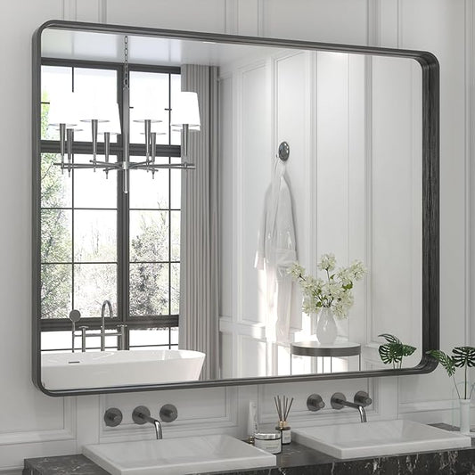 TETOTE 48 x 40 Inch Black Frame Mirror, Bathroom Vanity Mirror
