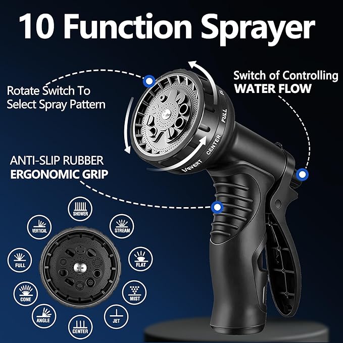 Flexible Garden Hose 100 FT, Ultra Lightweight Water Hoses 100FT w/10 Function Sprayer and 3/4" Brass Fittings, Kink-Free, Sturdy, Abrasion Resistant for Yard, Lawn, Outdoor and Gardening(Black)