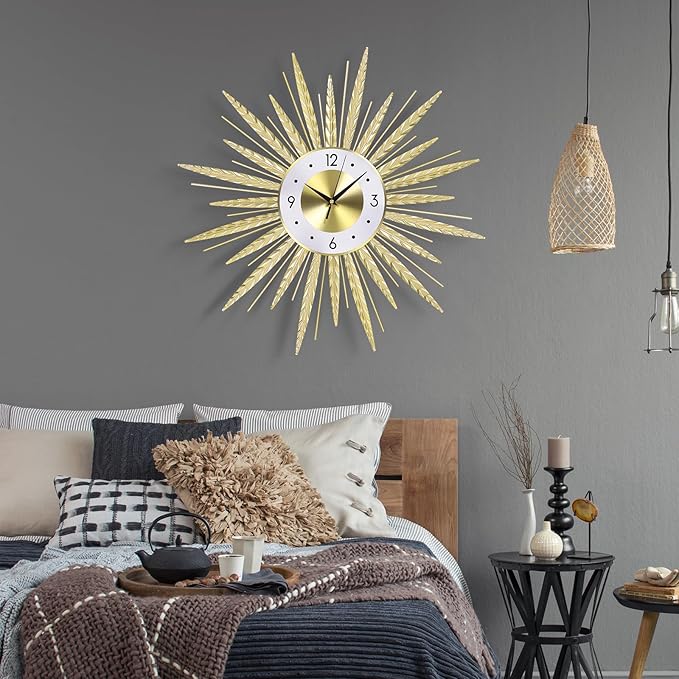 23 inch Gold Starburst Wall Clock, Silent Non-Ticking Large Modern Starburst