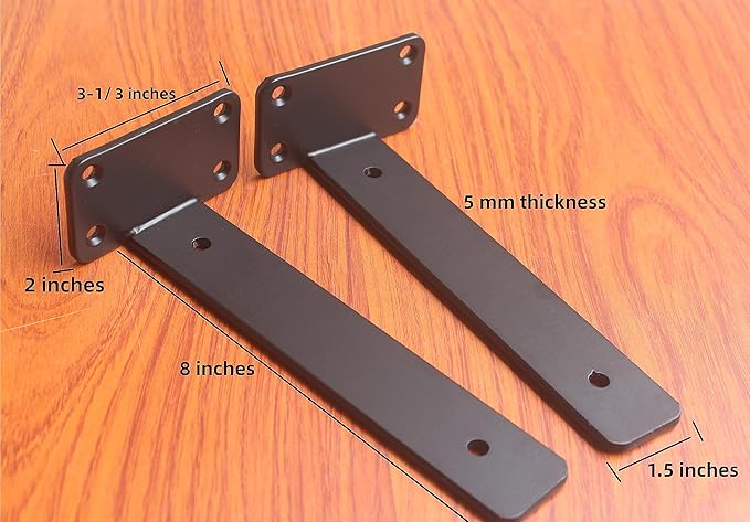 2 Pack - 8 inch Black Hidden L Shelf Bracket Iron Floating Shelf Brackets