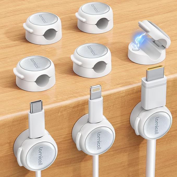 Magnetic Cable Clips Cord Organizer - Lamicall 8Pack [Crystal-Clear & Silver Shine] Cable Management Holder for Phone Charging Cord, Strong Adhesive for Nightstand, Home Office Desk Decor Accessories