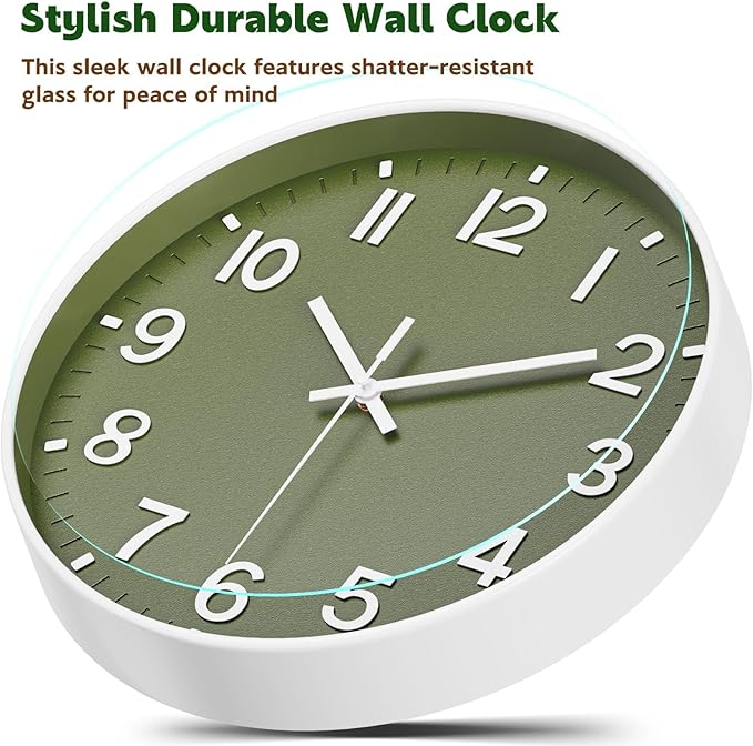 Silent Wall Clock Non-Ticking Battery Operated – Modern Olive Green Analog Wall