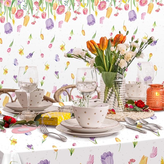 Kochorie 100 Ft x 54 Inch Spring Flower Tulip Tablecloth Roll Plastic Floral