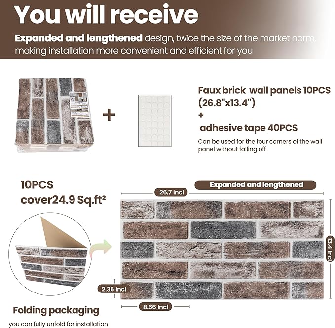 3D Wall Panels Brick Peel and Stick 26.7"x13.4"-10 PCS
