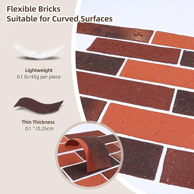 76pcs Red Thin Brick Veneers, Curlable Red Brick Tiles, DIY Accent Walls