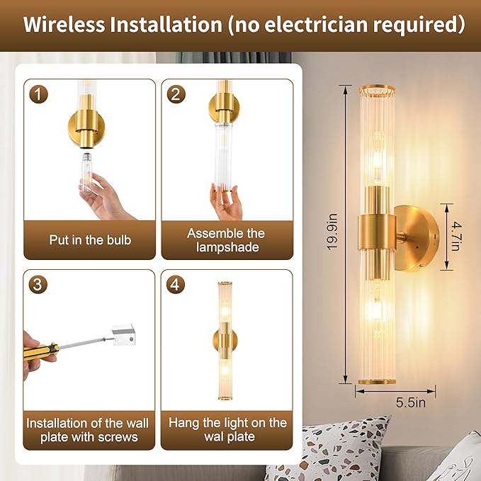 Morauroral Gold Battery Operated Wall Sconces Set of Two, Rechargeable Wall