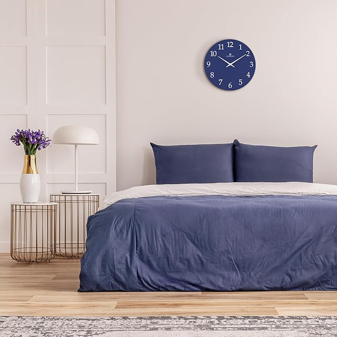 Lafocuse 12 Inch Wooden Navy Blue Wall Clock Battery Operated, Simple