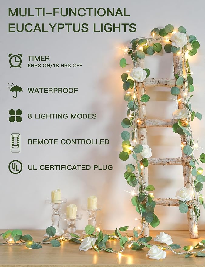 suddus Vines with Lights Plug in, 33ft 100 LED Eucalyptus Garland String Light
