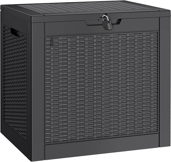 NUNU LAB 30 Gallon Waterproof Outdoor Storage Box, Lockable Resin Deck Box Bench for Patio Cushions, Garden Tools, Pool Accessories & Package Deliveries â Black