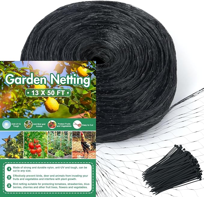 Unves 13 x 50 Ft Bird Netting for Garden, Heavy Duty Fruit Tree Garden Netting Protect Fruit Trees and Vegetable Plants Against Birds and Other Animals