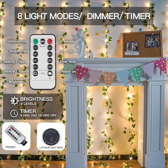 suddus Vines with Light for Bedroom, 200 LED Fairy Lights with Vines, Ivy