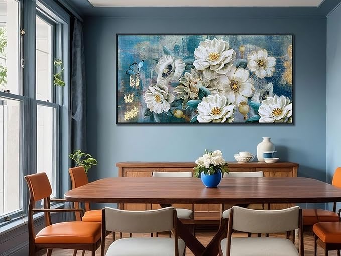 Arjun Large Black Framed Flower Canvas Wall Art for Living Room White Elegant Modern Painting for Bedroom Textured Gold Foil Turquoise Picture Floral Teal Artwork Home Office Decor, 48"x24"