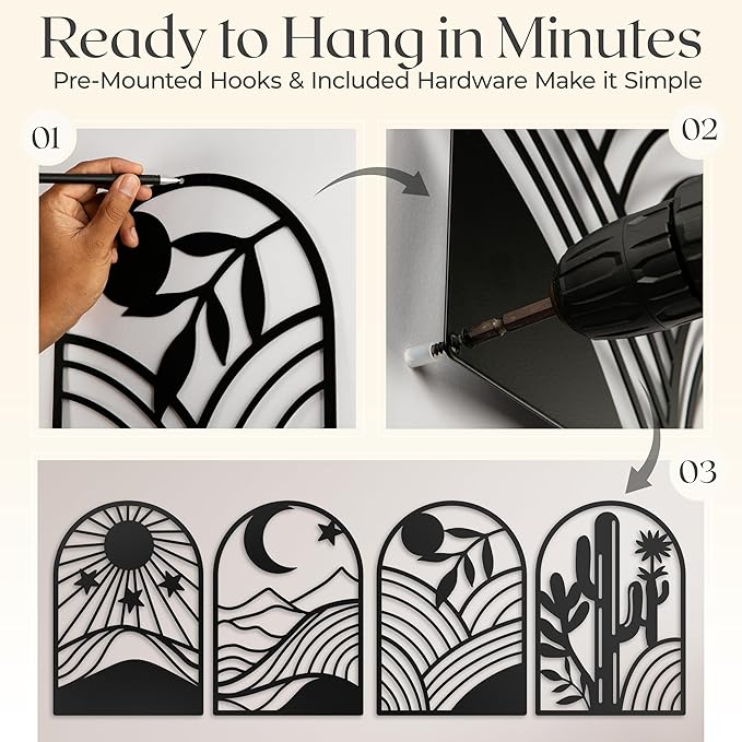 GALLERY GRACE Metal Wall Art Decor – 11" x 16", Office – Boho Minimalist Black