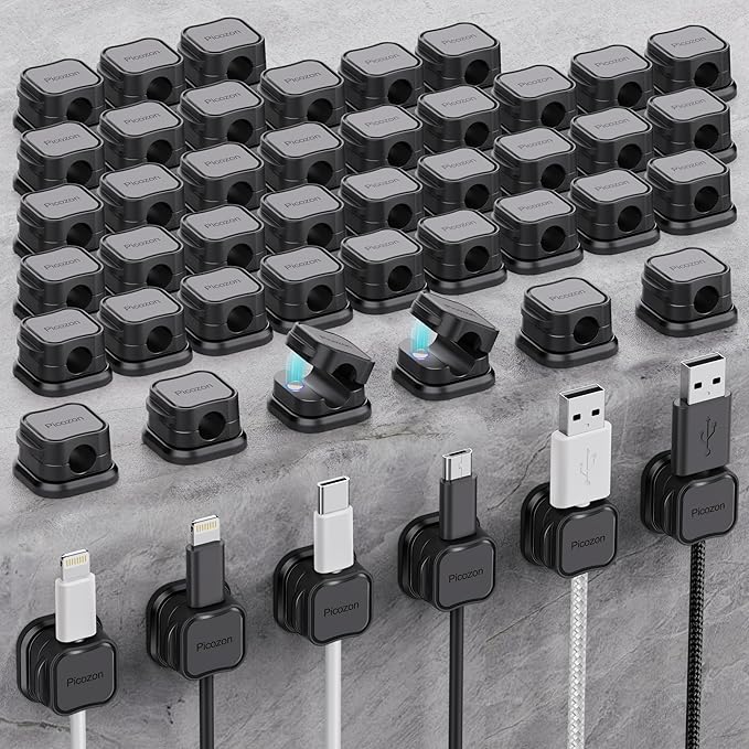 48 Pack Magnetic Cable Clip Organizer Cord Holder, Picozon Adhesive Cable Management, Wire Phone USB Charger Cable Holder, Keeper Organizer for Office Home Desktop Table - Black