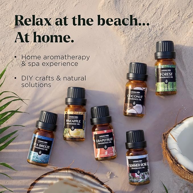 Lagunamoon Summer Essential Oils Set - Holiday Breeze Gift Set for Diffusers, Home Care, Candle Making, Fragrance, Aromatherapy, Humidifiers, Gifts - Coconut, Pineapple, and Grapefruit (10ml)
